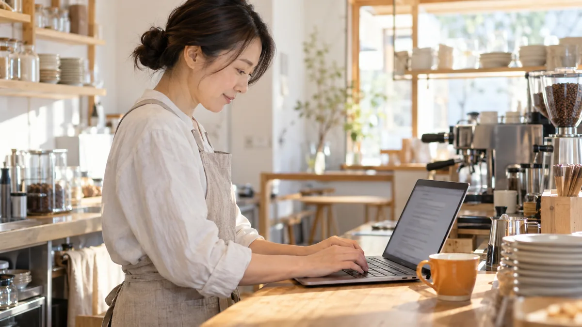 カフェのカウンターでAIが下書きしたブログ文章をノートパソコンで確認する店主