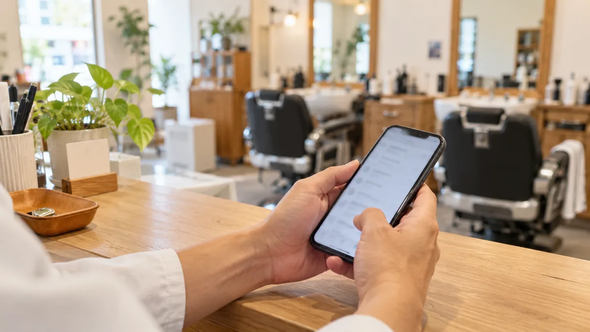 理容室のカウンターでスマートフォンにサービス名を入力する男性スタッフの手元