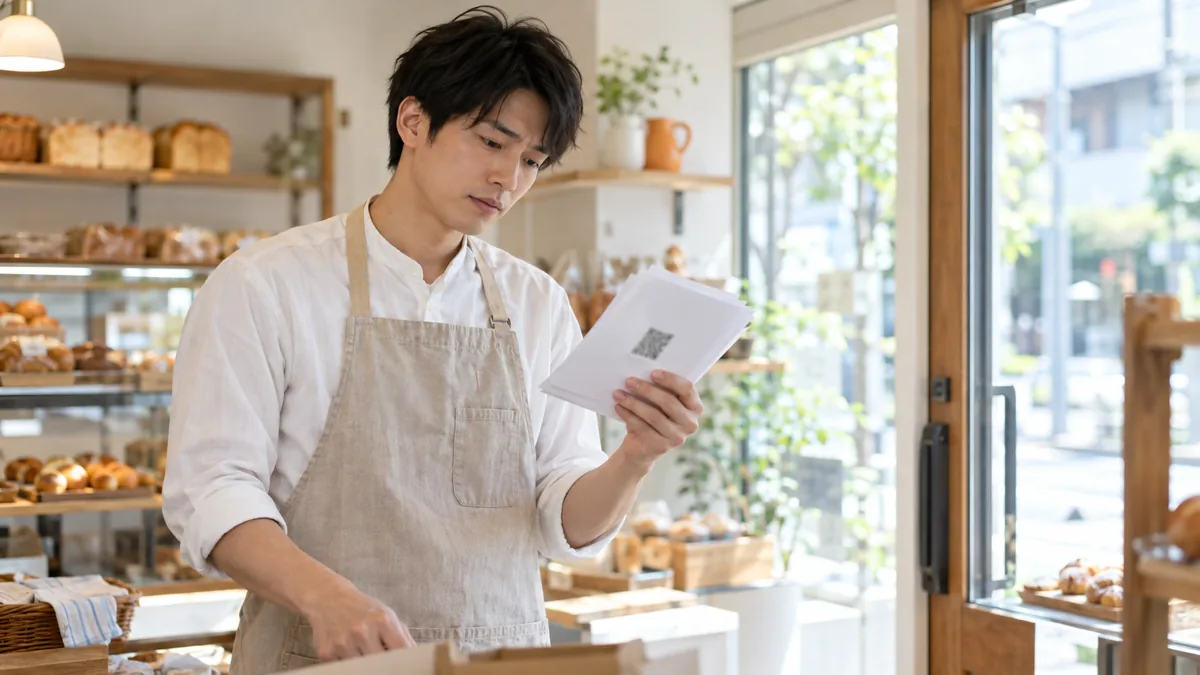 開店前の店先でQRコードの印刷物を手に悩む男性スタッフ