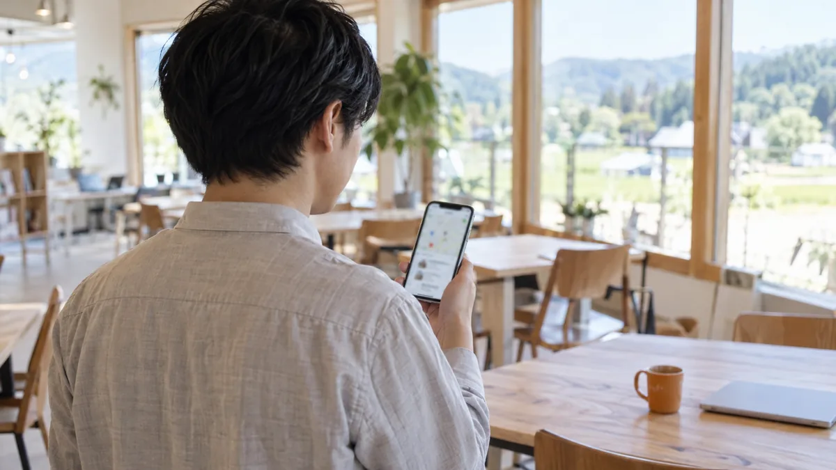 MEO運用の成果を確認するため地方のコワーキングスペースでスマートフォンを見る運営者の後ろ姿
