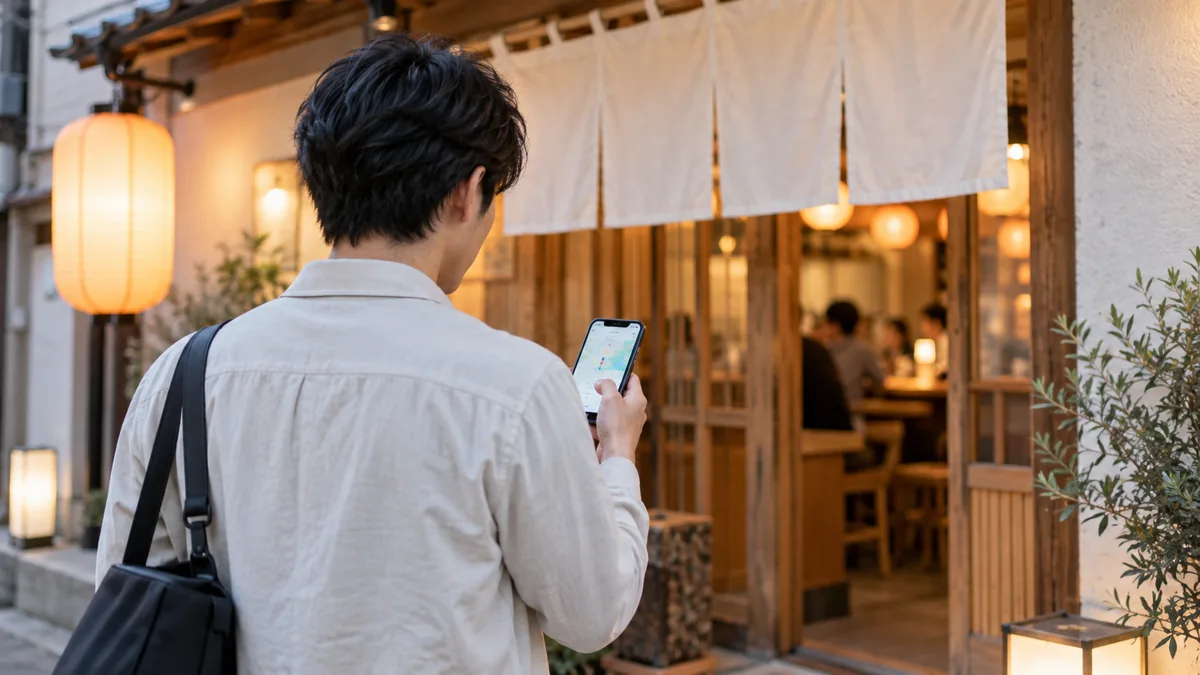 夕方の居酒屋の店先でスマートフォンを見る店主の後ろ姿