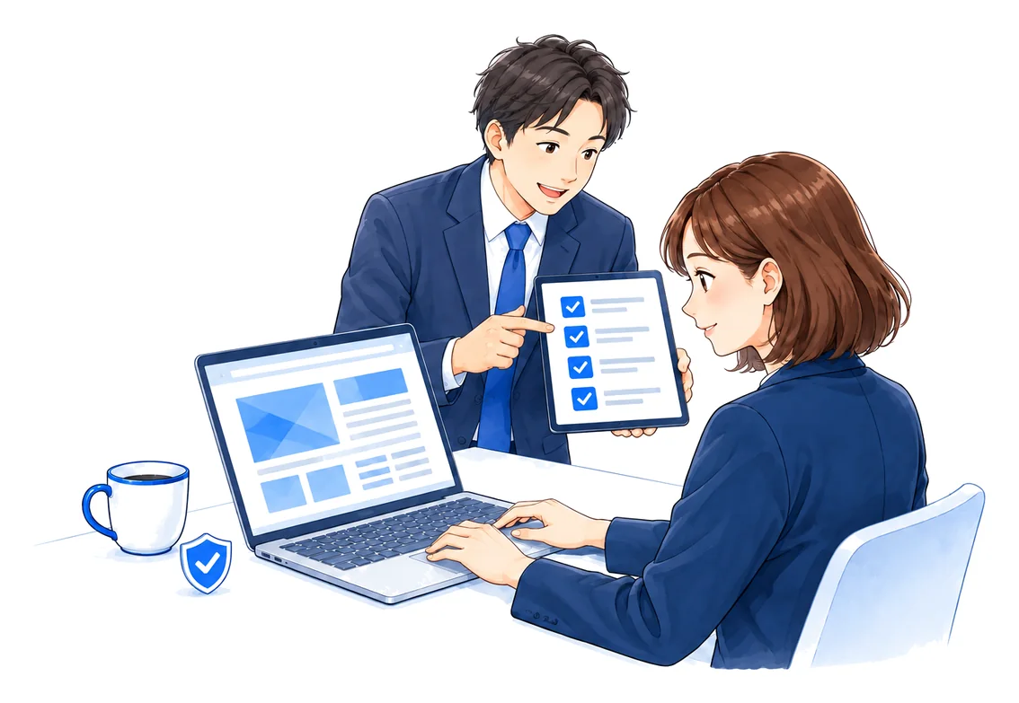 会社の担当者が自社のホームページをノートパソコンで見ている横で、管理の担当者がタブレットで確認項目を見せながら説明している